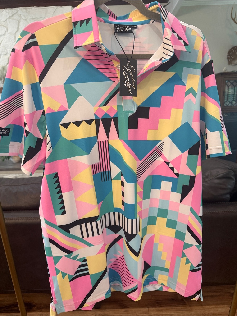 Men's Short Sleeve Polo in Pink Multi Geometric Print